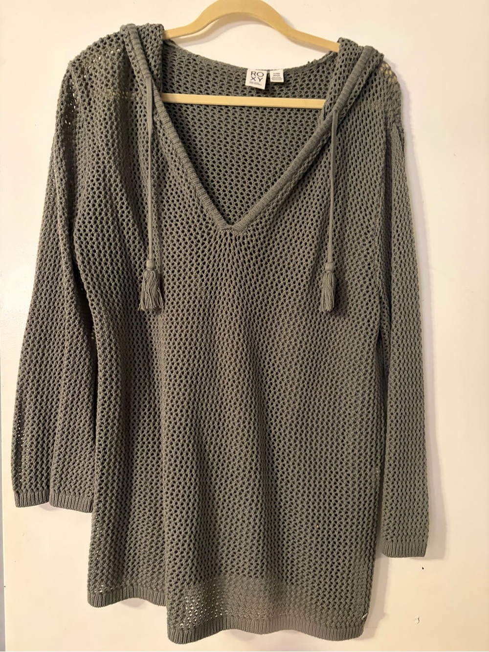 Roxy Olive Gray Open Knit Hooded Top